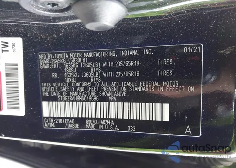 2021 Toyota Highlander Xle из США, поврежденный, VIN 5TDGZRAH9MS049696